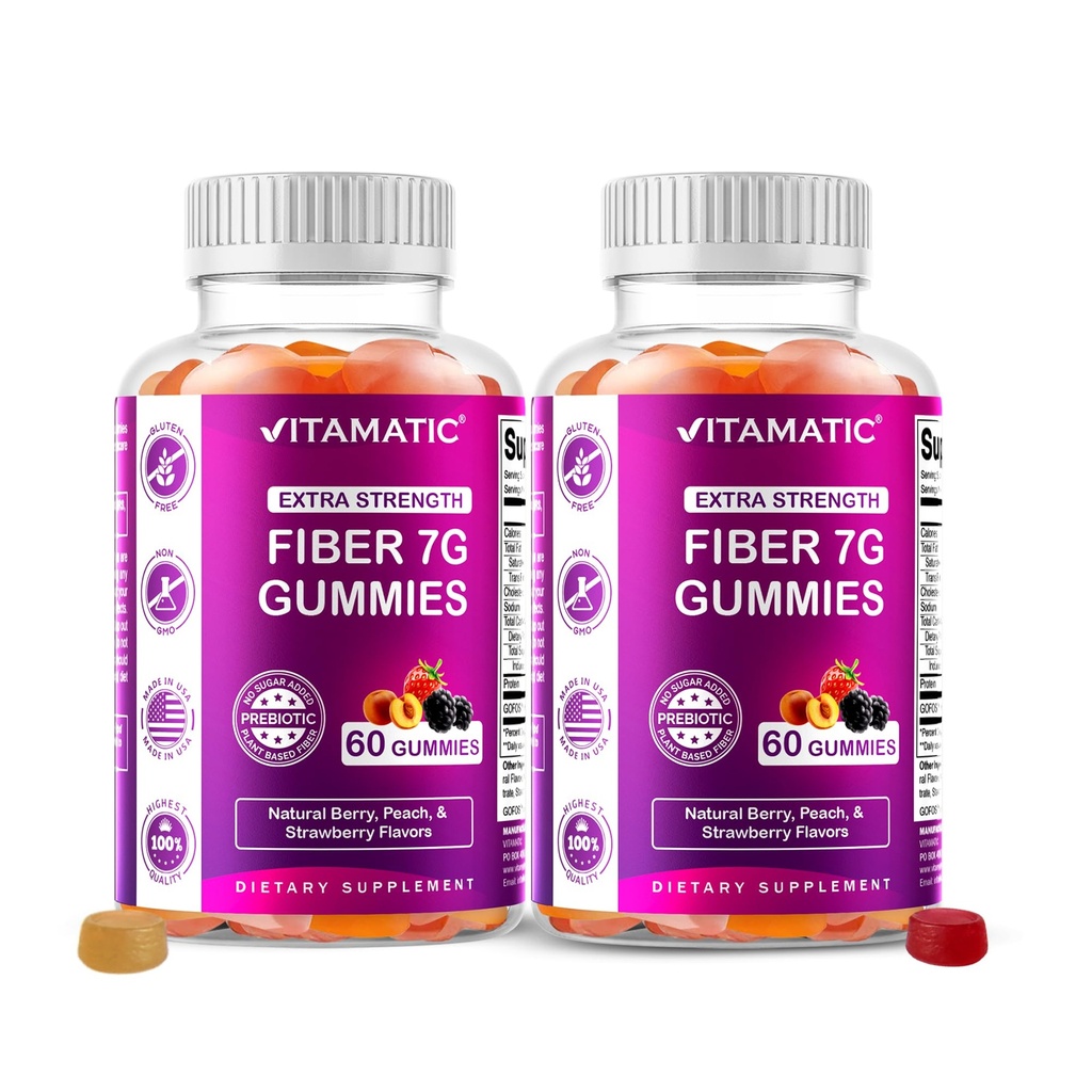 Vitamatic Prebiotic Fiber Gummies aikuisille 2 pakkaus (Yhteensä 120 Gummies) 7g kuitua per tarjoilu ...Ekstra vahvuus ...