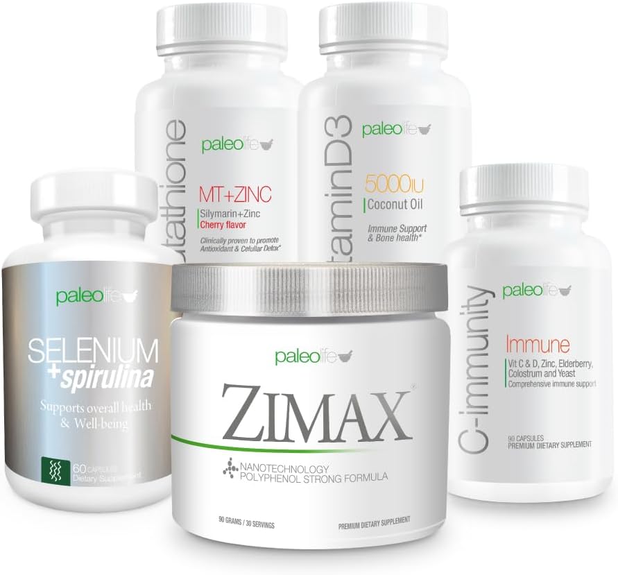 Premium Maximum Defense Value Kit: Tämä 5 Premium lisäravinteet ja vitamiinit pat Sisältää: Zimax, Selenium + Spirulina, Glutatione MT + Sinkki, D3-vitamiini ja C-Imm.