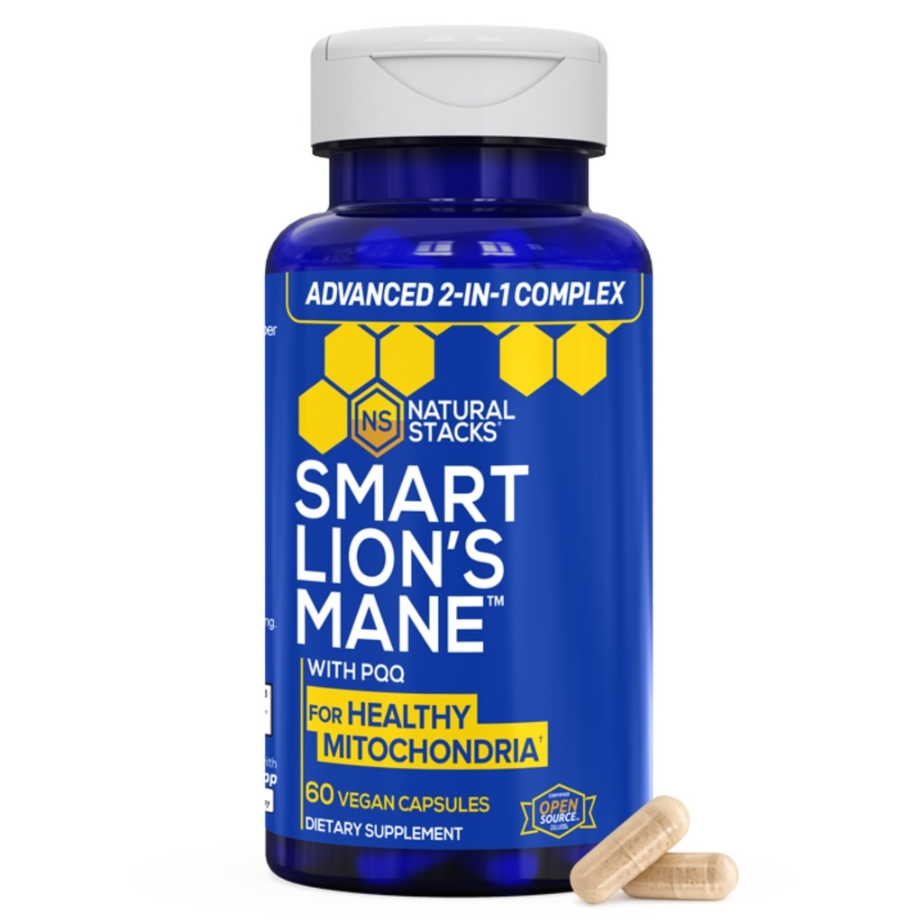 Organiska Lions Mane Supplement Capsules - 1000mg Lions Mane Mushroom med 10mg PQQ - Brain Cell Optimizer för minne, lärande, Mitokondriell funktion - 60 Fruiting Body Mushroom Capsules