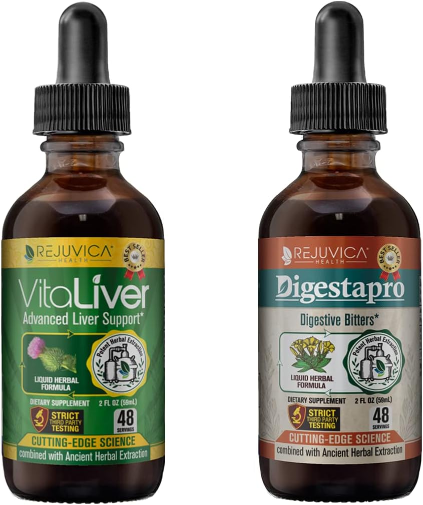 Rejuvica Health VitaLiver & DigestaPro - Advanced Liver & Digestion Support - Liquid Delivery for Better Imeytyminen - Milk Thistle, Chanca Piedra, Artisoke, Voikukka & More!