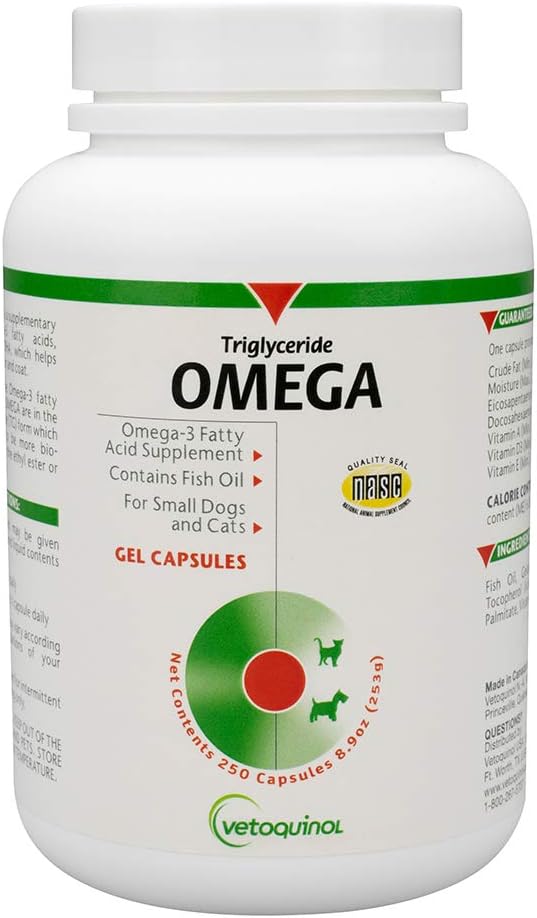 Vetoquinol Triglyseridi Omega 3 täydennysosa koirille ja kissoille, Fish Oil Supplement EPA ja DHA, Mainostaa ihon, takki, joint, ja Immuno Health, Omega 3 Fish Oil koirille ja kissat jopa 30lbs, 250ct