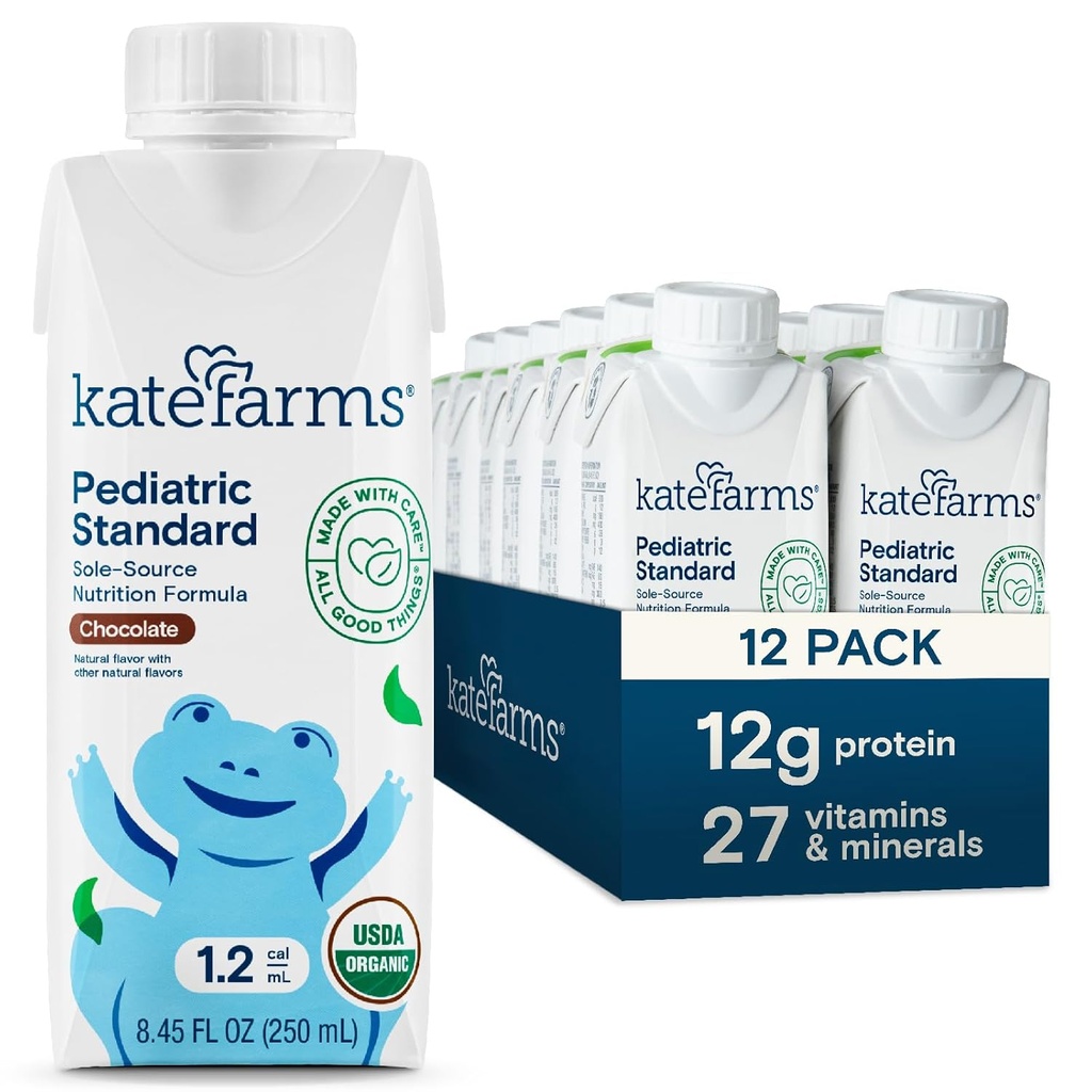 KATE FARMS Organic Pediatric 1,2 High Calorie Chocolate Nutrition Shake, 12g Protein, 27 Vitaminer och mineraler, Meal Replacement, 8,45 oz (12 pack)