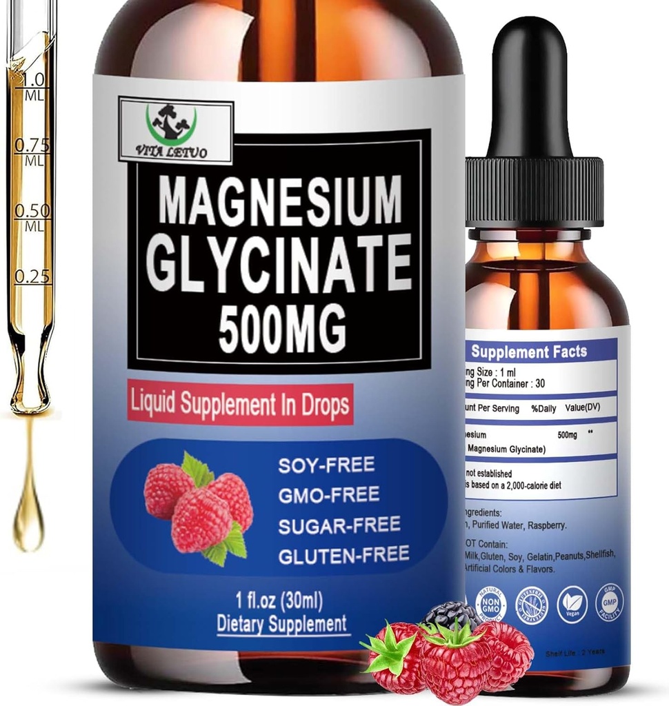 Magnesium Glycinate 500 mg, nestemäinen magnesium Glycinate Drops 6X Luun, unen, jalkakrampsien ja immuunisupportin, vegaanin, non-GMO:n, gluteeniton 30 tarjoilua