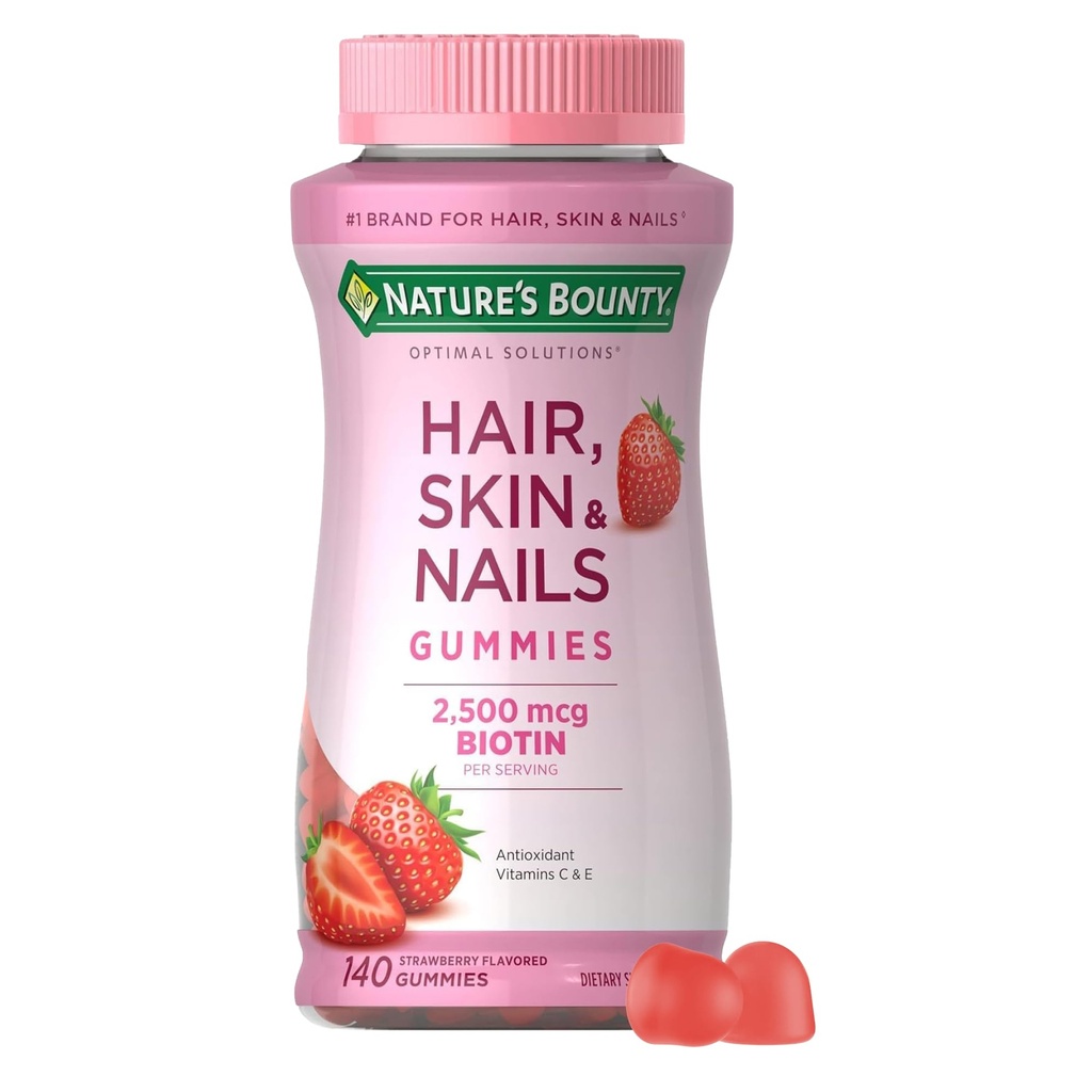 Naturens Bounty Hair, Skin & Nails med Biotin, Strawberry Gummies Vitamin Supplement, stöder hår, hud och nagelhälsa för kvinnor, 2500 mcg, 140 Ct, 70 Total Servings