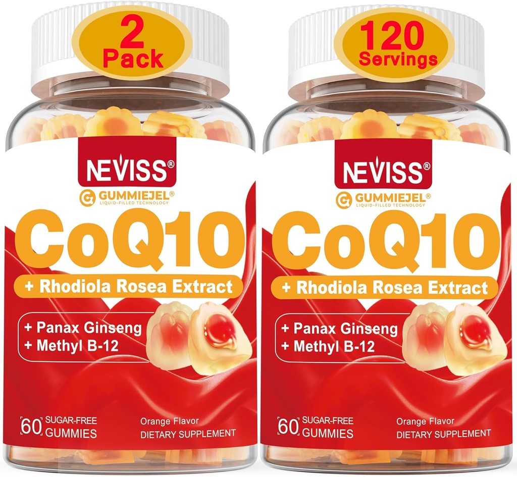 NEVISS Sugar Free CoQ10 Fylld Gummies med vitamin B12 1000mcg, Rhodiola Rosea och Panax Ginseng Extract, Vitamin B6, Coenzyme Q10 Supplement, 2 Pack
