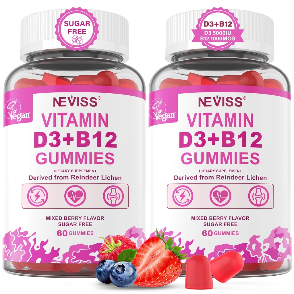 NEVISS 2Pack Vegan Vitamin D3 + Vitamin B12 Gummies, High Potency D3 5000IU & 1000 mcg Methylated B12, Vitamin D3 och B12 för vuxna, Support Bone Health, Immune & Energy Supplement, 120 Count