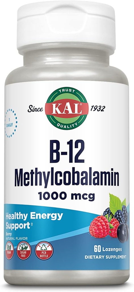 KAL- B-12-vitamiini Methylcobalamiini Lozenges 1000 mcg, terve energia, aineenvaihdunta, hermojen ja punasolujen tuki, * Optimaalinen imeytyminen, luonnollinen marjamaku, vegaaninen, sokeriton, 60 tarjoilua, 60 lozengesia