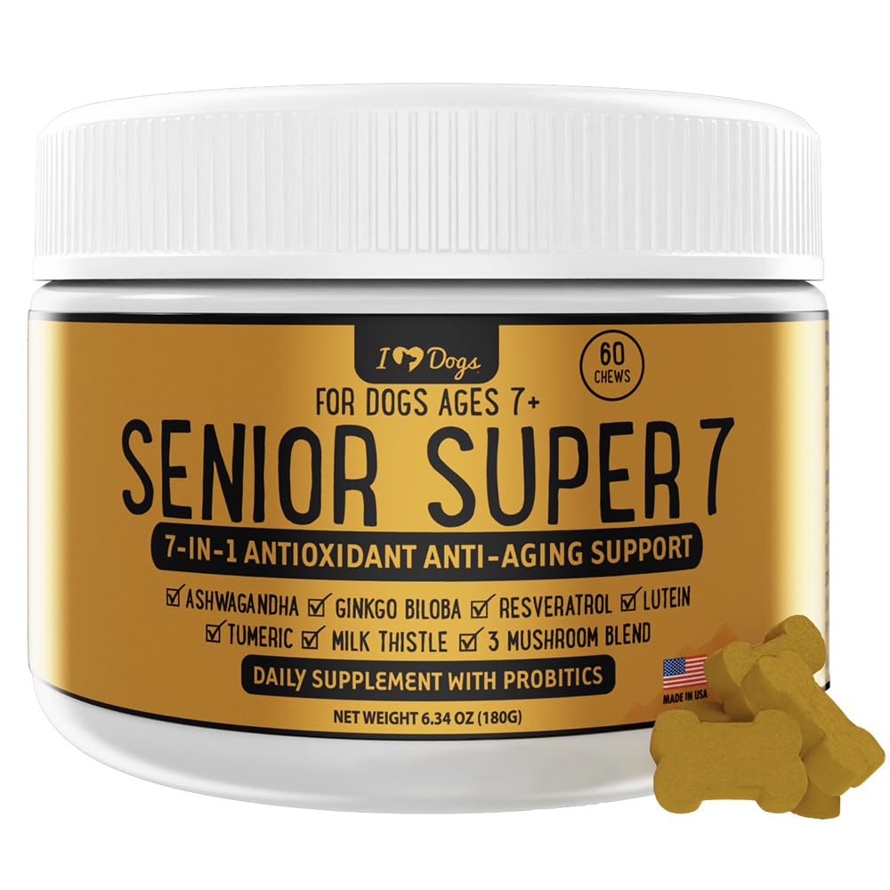 iHeartDogs Senior Super 7 Daily Dog Multivitamiini - 7-in-1 vitamiini koirille tukee antioksidantteja, probiootteja, leijonan mane, Turkey Tail, & Ashwagandha for Longevity & Cognitive Boost