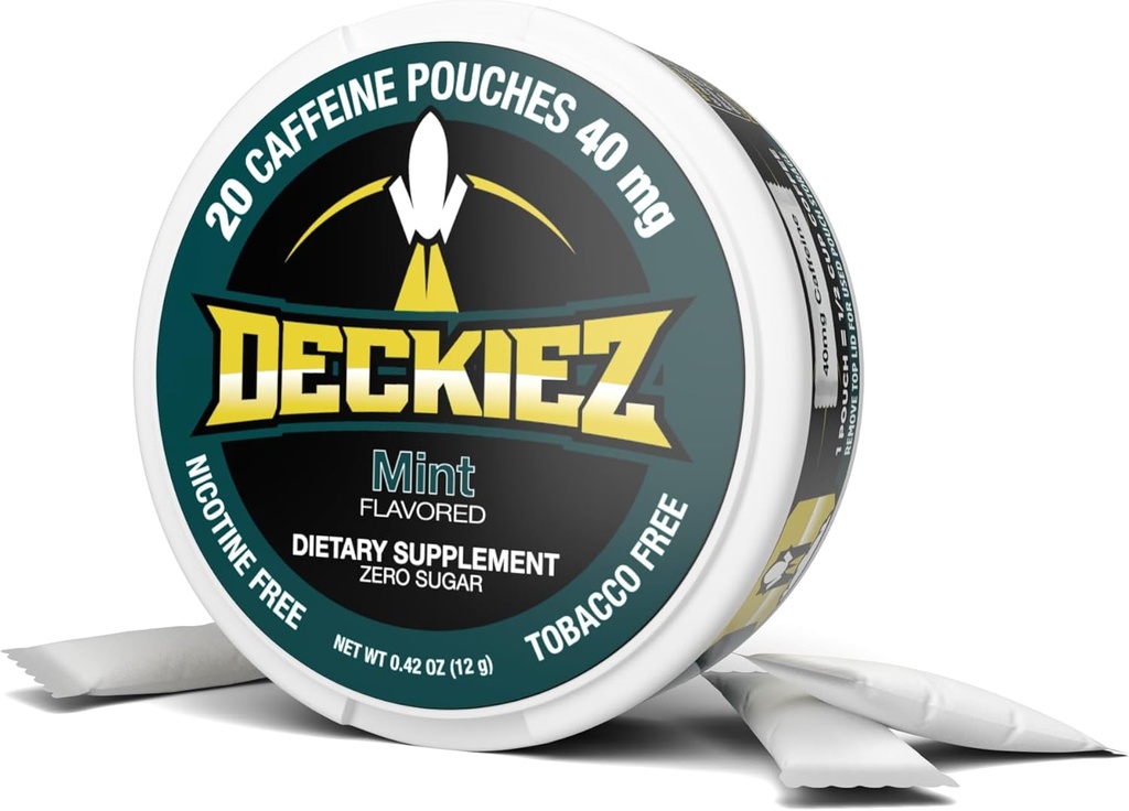 Deckiez Energy Pouches, 5 Cans (100 portioner), Sugar Free Caffeine Supplement, Coffee Pouches & Energy Drink Alternative, 50mg koffeinpåsar, Mint smak
