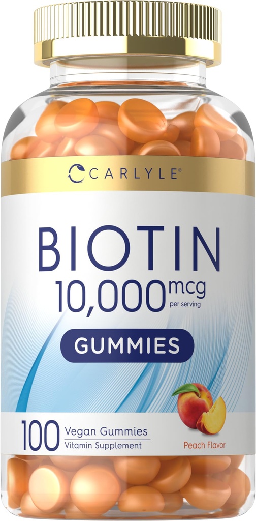 Carlyle Biotin 10000 mcg Gummies ... 100 Count... Peach Flavor Supplement ... Vegaani, muu kuin GMO, gluteeniton