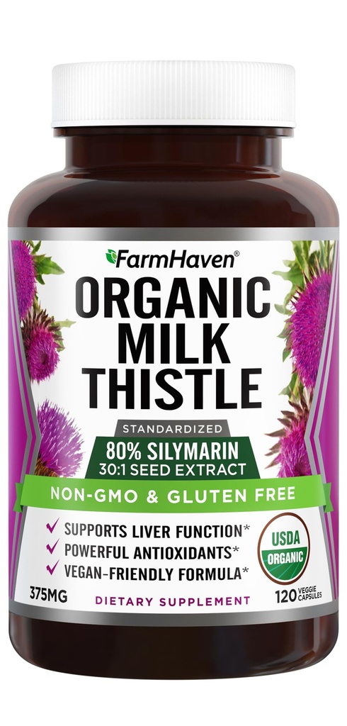 FarmHaven USDA Organic Milk Thistle Kapselit ... 30X Tiivistetty siemenuute & 80% Silymarin Standardoitu - tukee maksan toimintaa ja yleistä terveyttä...