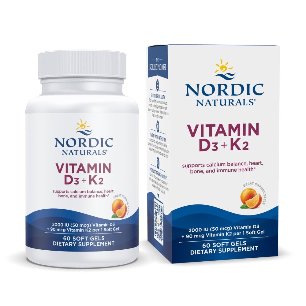 Nordic Naturals Vitamin D3 + K2, Orange Taste - 60 Soft Gels - Synergistiskt stöd för ben, immunfunktion och kalciumbalans - Icke-GMO - 60 portioner