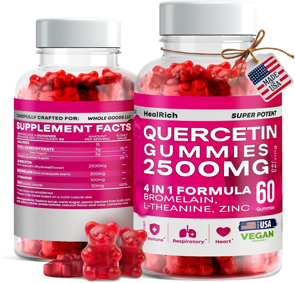 Quercetin Gummies - 2500MG, jossa on bromelain, L-Theanine & Sinkki-Vegan Immuunitukilisä lapsille ja aikuisille - Allergia- ja keuhkosairaus