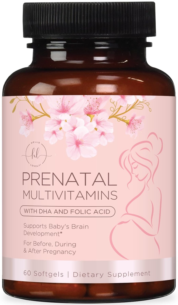 Prenatal Vitaminer för kvinnor med Folic Acid & DHA, Brain Development Support med Folate & Omega 3's, Multivitamin med vitamin A, C, D, B6, B12 & Iron, Graviditet Supplement - 60 Softgels