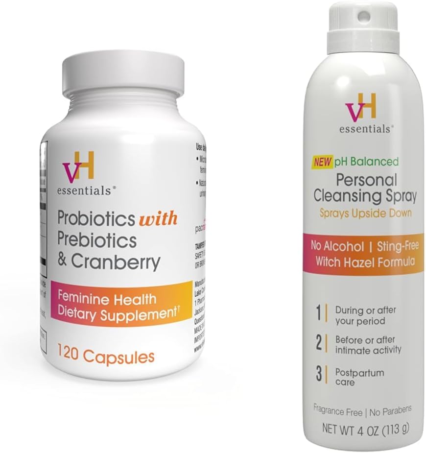 vH väsentliga Probiotika med prebiotika och Cranberry Feminine Health Supplement - 120 kapslar och personlig rengöring Spray Bundle