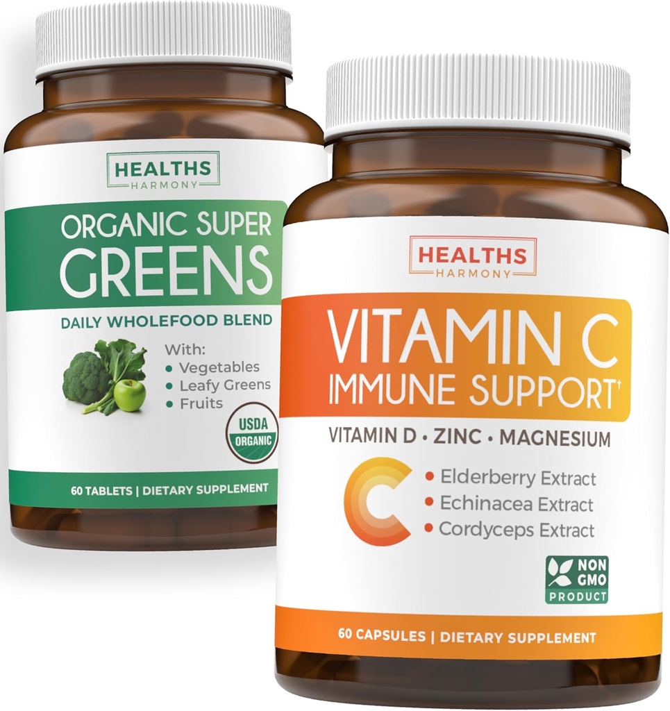Super Greens & C-vitamiini (1-kuukautinen toimitus) Vihreät & C-synergia Bundle of Organic Super Greens Powder - Complete Superfood (60 kapselia) & C-vitamiinin immuunituki (60 kasvissyöjän Caps)(ei-GMO)
