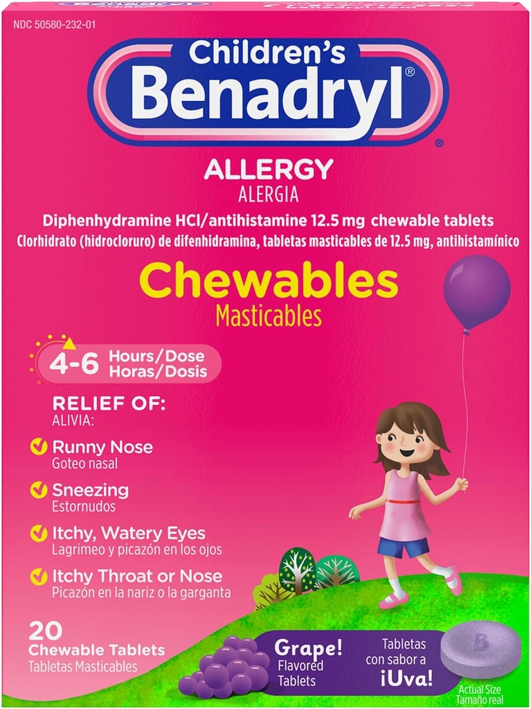 Benadryl Barns Allergimedicin Chewables med Diphenhydramine HCl, Chewable Kids Antihistamin tabletter för lindring av allergisymptom som Sneezing & Itchy Eyes, Grape Flavor, 20 ct
