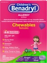 Benadryl Barns Allergimedicin Chewables med Diphenhydramine HCl, Chewable Kids Antihistamin tabletter för lindring av allergisymptom som Sneezing & Itchy Eyes, Grape Flavor, 20 ct