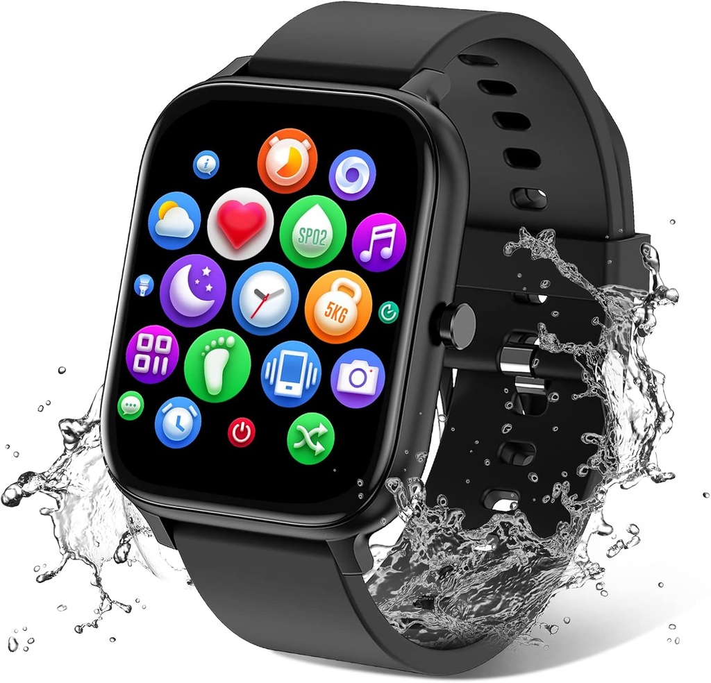 Smart Watch for Men Women Compatible with iPhone Samsung Android Puhelin 1.83 tuuman Full Touch Screen IP68 Waterproof Bluetooh Fitness Tracker Heart Rate/Sleep Monitor, musta