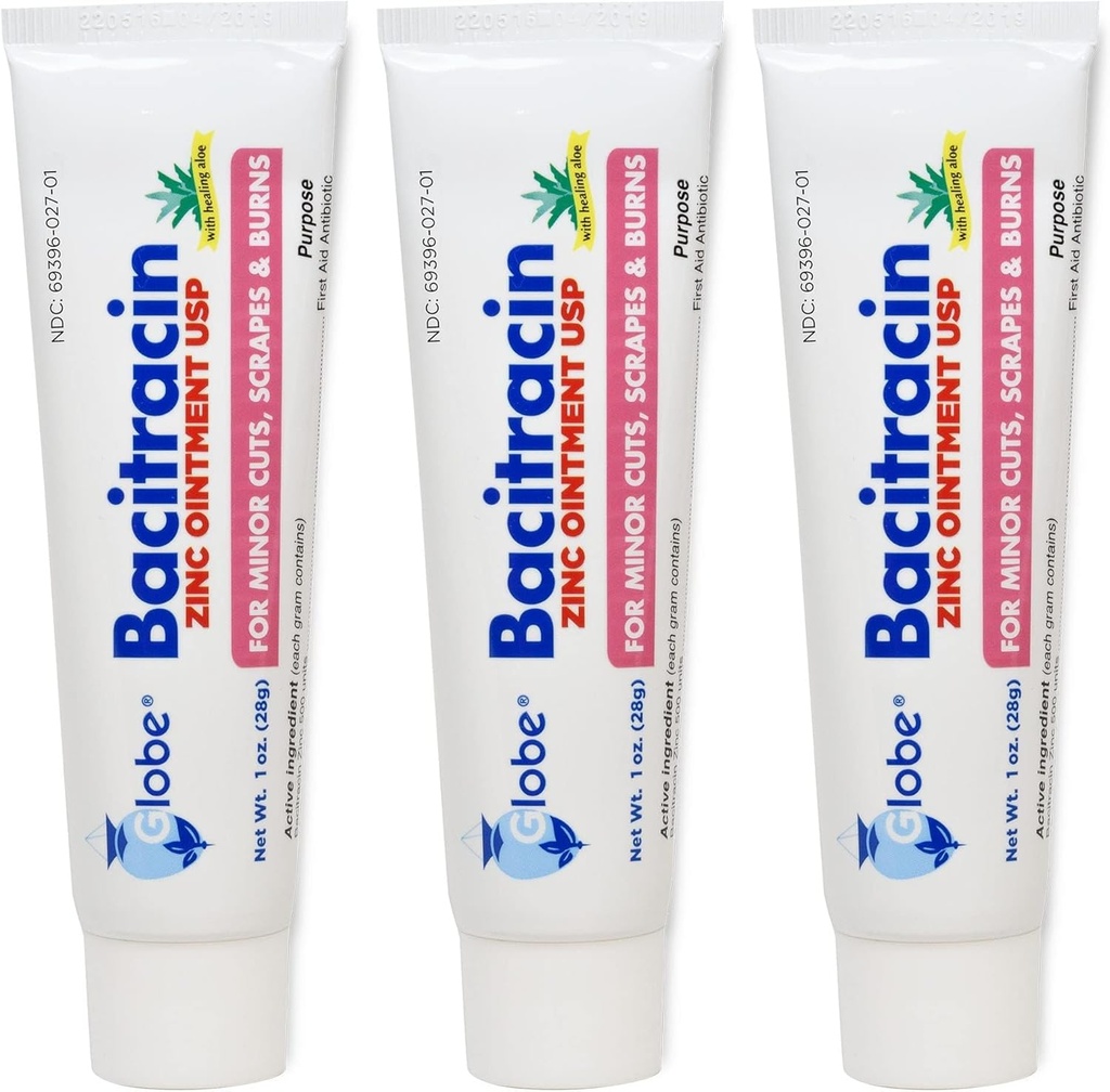 Globe (3 Pack) Bacitracin Zink salva + Aloe 1oz - Maximal styrka antibiotikum för sårläkning - Topisk medicinsk lösning för skär, brännskador, skrapor - Hudinfektion och första hjälpen väsentligheter
