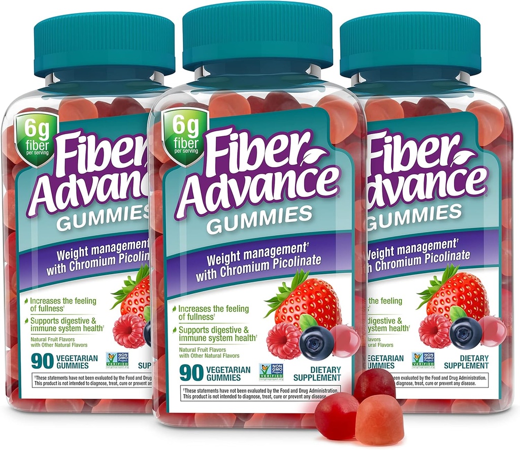 Fiber Advance Weight Management Gummies | 100% Plant Based Fiber för Digestive Wellness och Gut Health | Chromium Picolinate för Weight Management Support (3-Pack)