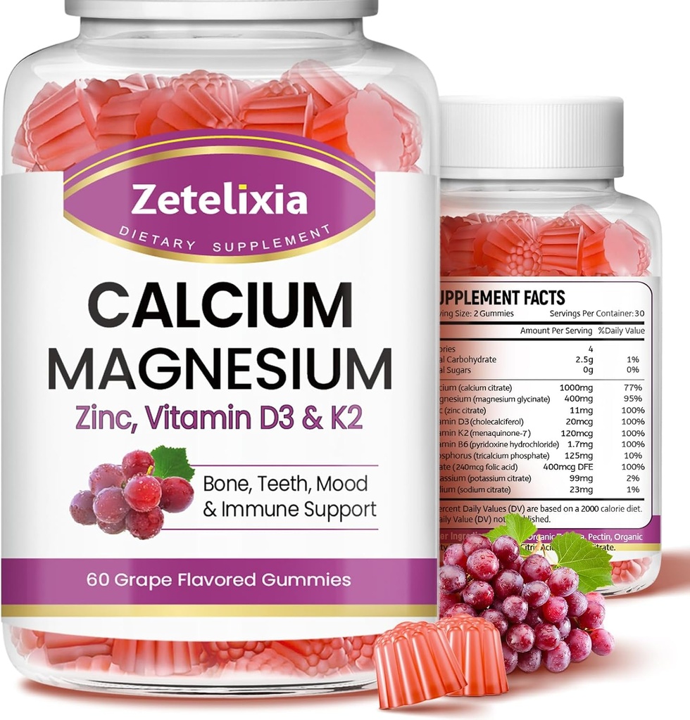 Kalsiumjuomat, kalsiumin magnesiumsinkki, D3- ja K2-vitamiini, kalsiumin magnesiumlisä B0nes-lihaksille, viinirypälemaku - 120