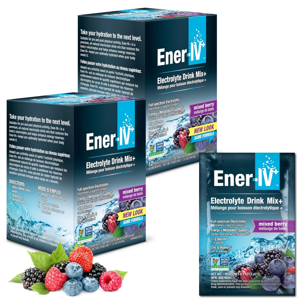 Ener-IV Electrolyte Drink Mix - Electrolytes Powder Packets, Hydration Powder Drink, Hydrate Liquid Mix, Low Sugar Rehydration för kvinnor och män - Mixed Berry, 24 Count