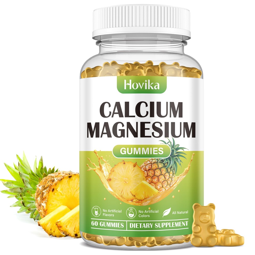 Kalsium Magnesiumsinkkilasit, kalsium Magnesium 2:1 Suhde D3-vitamiiniin, K2-, B6-, B12 luunvahvuuteen, lihasfunktioon ja hermoterveyteen, ekstraabsorptioon Formula, Vegaani, Ananas Flavor 60 Gummies