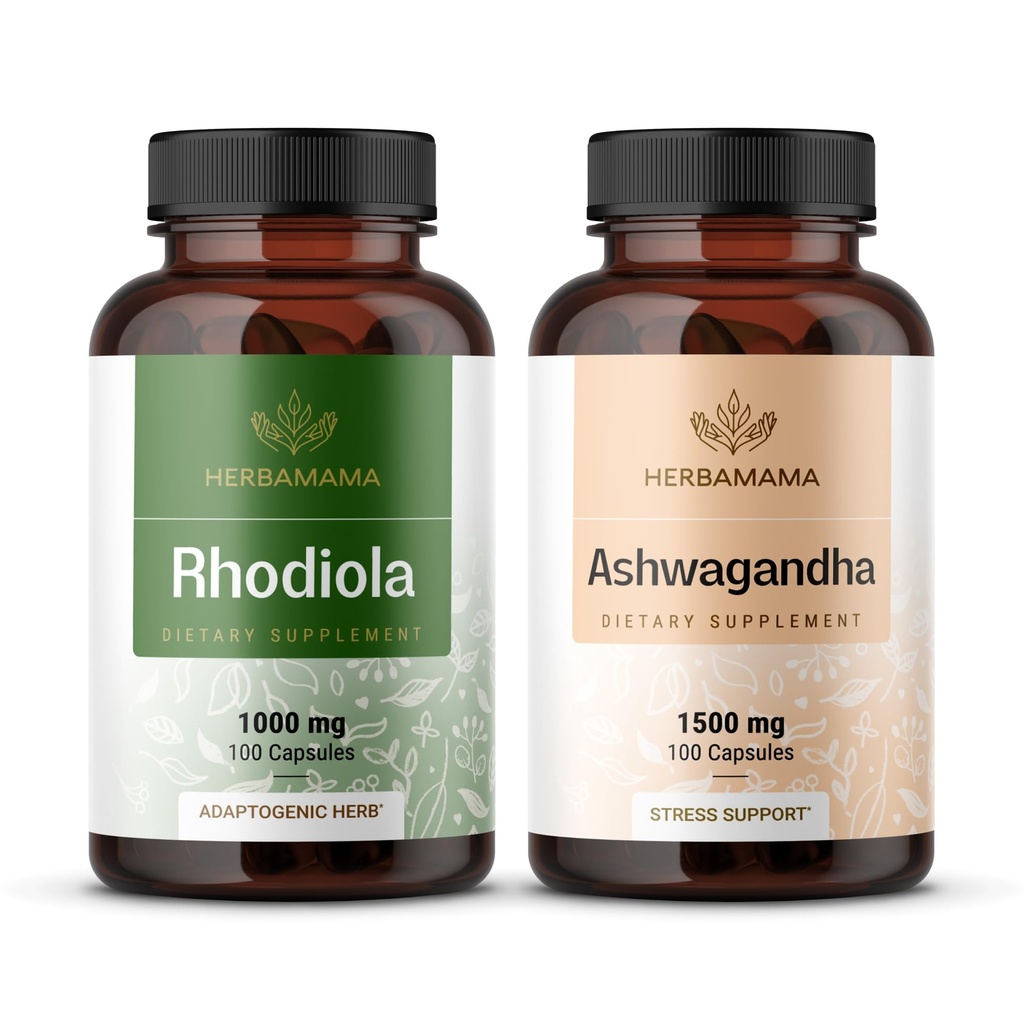 HERBAMAMA Rhodiola Rosea och Ashwagandha Kit - Bundle på 1000 mg Rhodiola Rosea Capsules &1500 mg Ashwagandha Root Capsules - Vegan, Non-GMO, Gelatin-Free - 2 Pack
