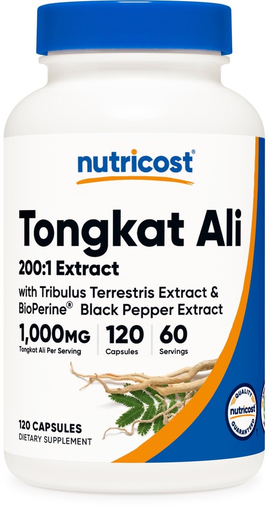 Nutricost Tongkat Ali 1000mg 120 kapslar - med Tribulus Terrestris och BioPerine, Vegetariska Caps, Non-GMO, Gluten Free, Potent Extract