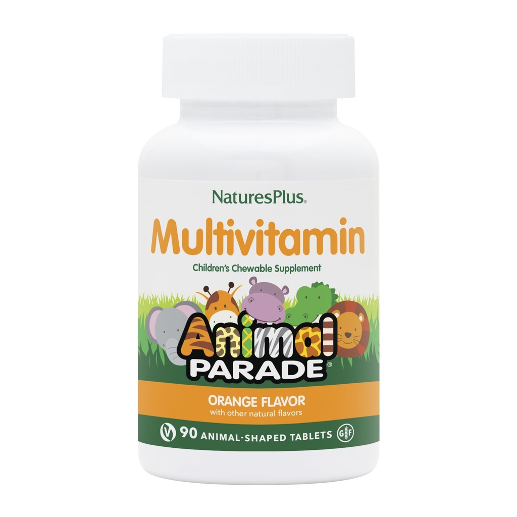 Natures Plus Animal Parade Lasten pureskeltava monivitamiini - Orange Flavor - 90 Eläinmuotoillut tabletit - edistää terveyttä ja hyvinvointia - Kasvisruokaa, Gluteeniton - 45 Tarjoilu