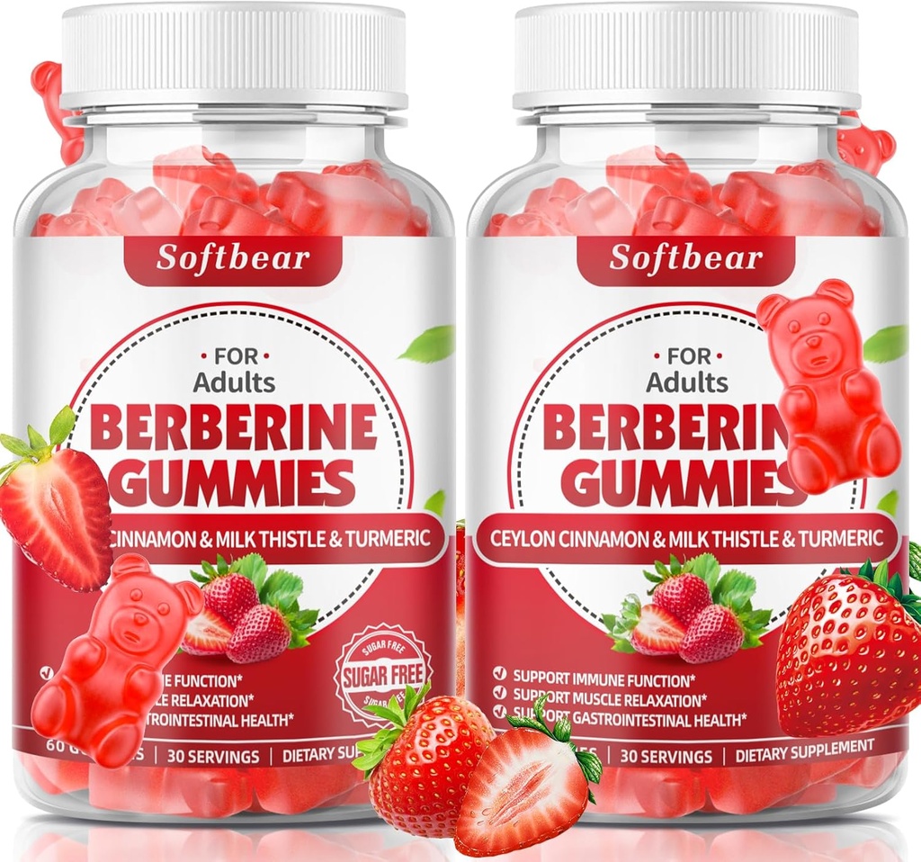 Softbear Berberine med Ceylon Cinnamon Gummies Organic Berberine HCL 1500mg för Metabolism Immune Health Sugar-Free Berberine Supplements Strawberry Flavored 120 Count
