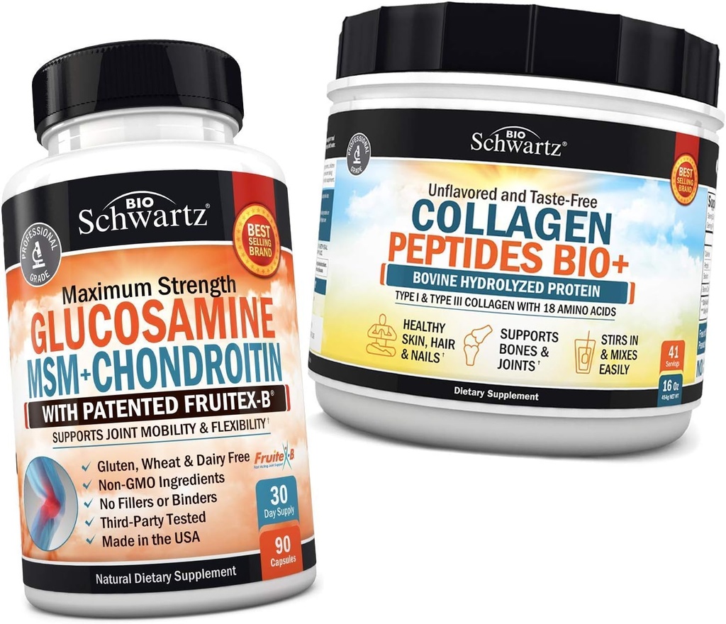 BioSchwartz Glukosamiini Chondroitin MSM + Collagen Peptides Powder - Terve luu & Joint Support - Edistää joustavuutta ja tukee Cartilage