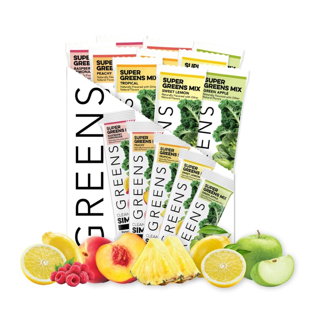 Clean Simple Eats Greens Variety 10 Pack, Greens Powder Mix, pakattu Superfoods Klorella & Spirulina, Sisältää 5 Herkullisia Makuja: Peachy, Green Apple, Vadelma sitruuna, Makea sitruuna & Trooppinen