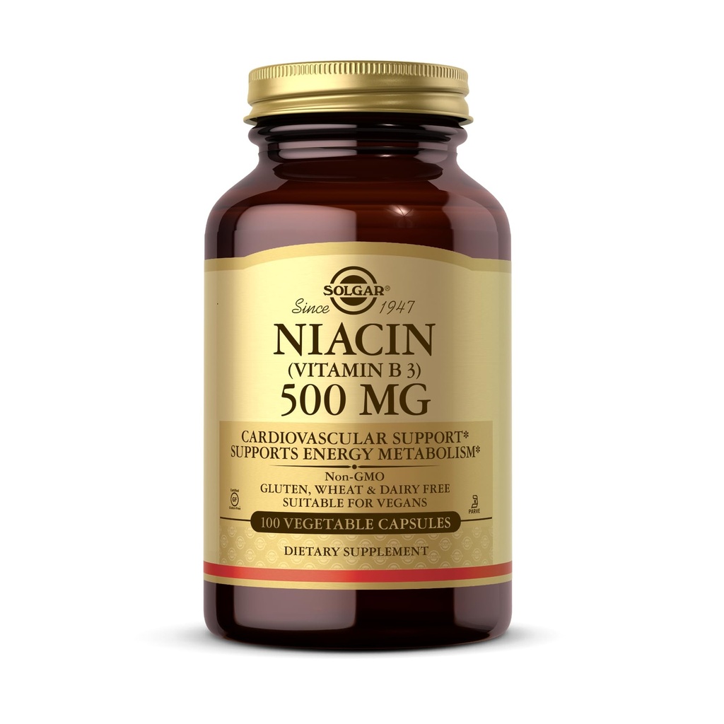 Solgar Niacin (Vitamin B3) 500 mg, 100 Vihanneskapselit - Energiametabolia - ei-GMO, Vegaani, Gluteeniton, Dairy Free, Kosher - 100 tarjoilua