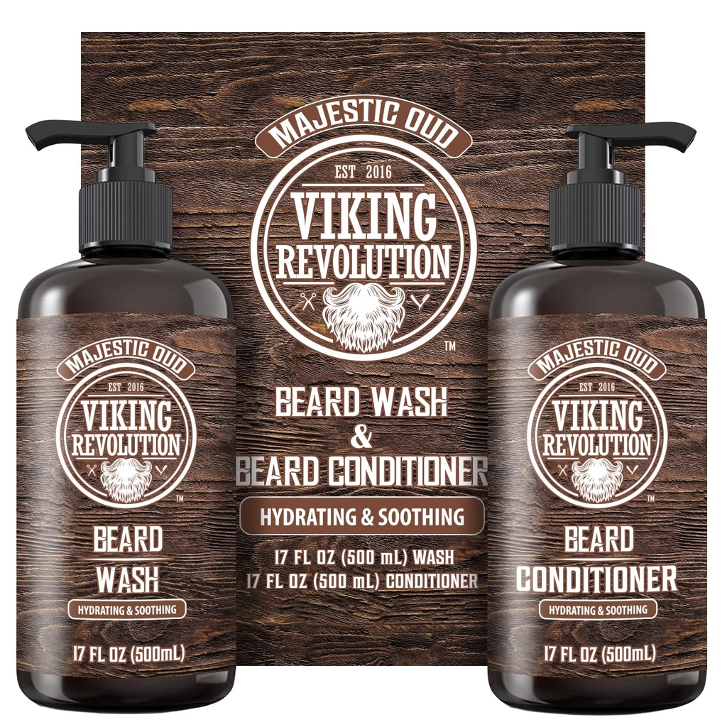 Viking Revolution Parta Pesu- ja partahoitoaine miehille Argan Oil ja Jojoba Oil - Parta Pehmentäjä ja Vahvistaja Parta Hoitoparta Shampoo ja hoitoaine partaöljy (17oz, Majestic Oud)