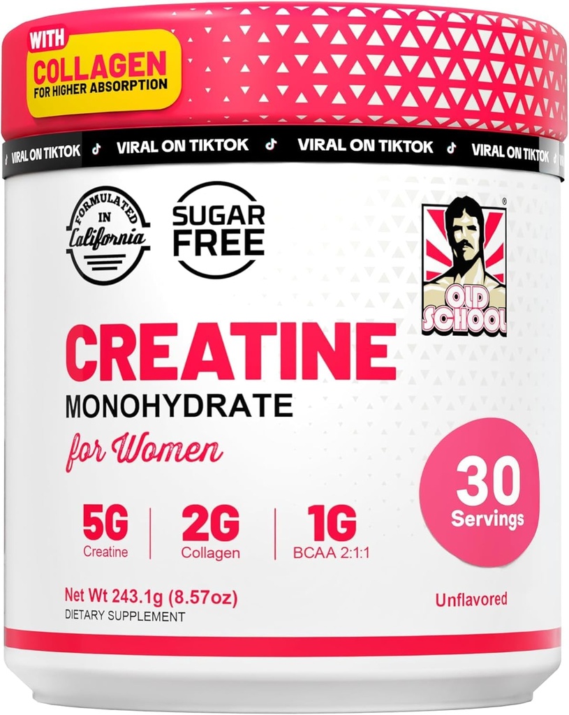 Old School Labs Creatine for Women - Post-Workout Supplement med 5000mg Creatine Monohydrate Powder, 2000mg Collagen & BCAA 2:1:1 för styrka stöd och återhämtning - Osmakad - 8,57 Ounce (Pack av 1)