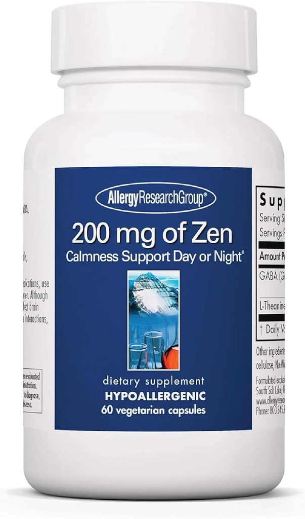 Allergiatutkimusryhmä 200 mg Zen - GABA L-Theanine Supplement, Natural Rauhoitu, Sleep & Relax Tuki naisille ja miehille, Take Day or Night for Rentoutumista & Rauhoitu energia - 60 Kasvissyöjä Kapselit
