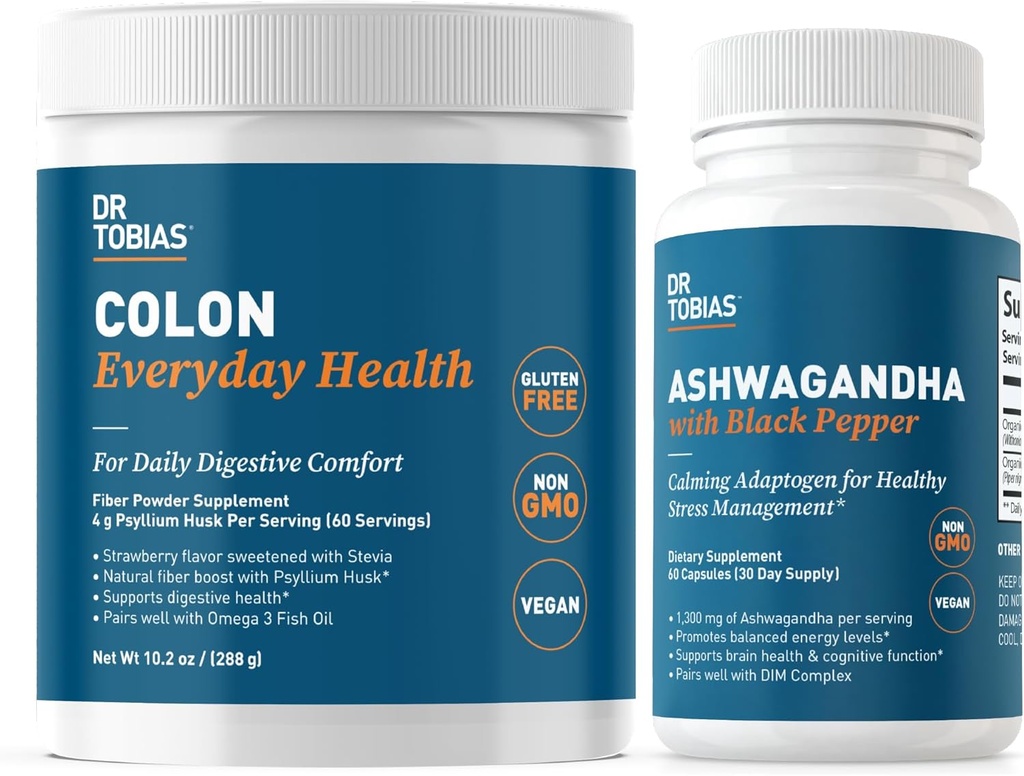 Tobias Colon Everyday Health and Ashwagandha Capsules, Dgestive Wellness & Resilience Bundle, tukee tasapainotettu energia & Gut Health, Vegan, ei-GMO