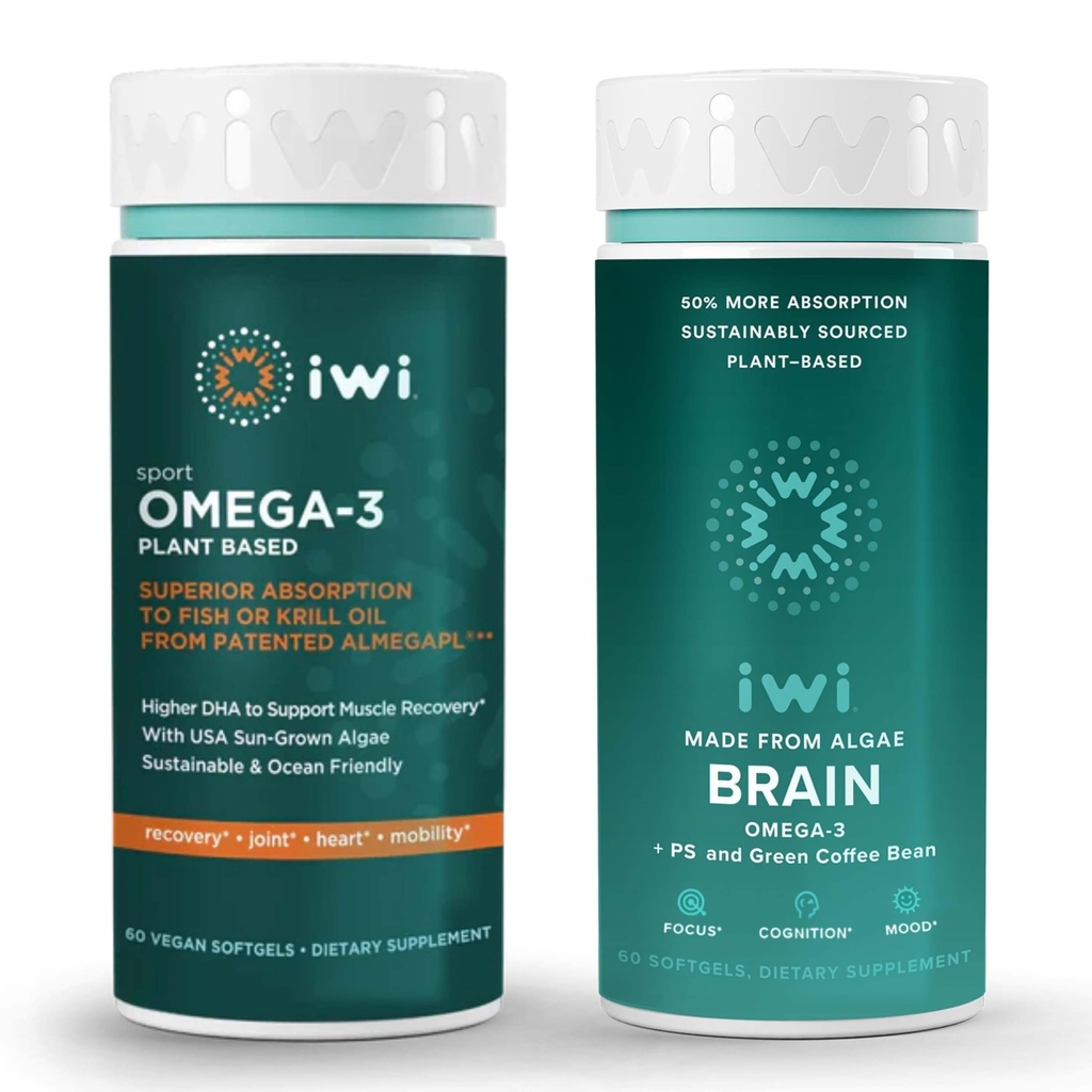 Iwi Omega-3 Sport & Brain Omega-3 Bundle, 30 portioner, Vegan Plant-Based Algae Omega 3 med EPA + DHA, Krill & Fish Oil Alternative, No Fishy Aftertaste