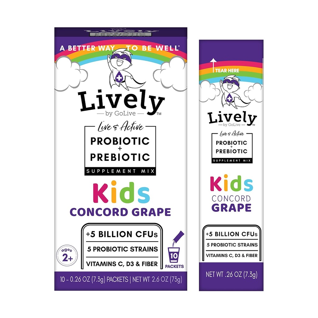 Lively (by GoLive) KIDS CONCORD GRAPE Synbiotic (Probiotika + Prebiotika); 5 Kliniska stammar; +5 miljarder CFUs. Probiotika & Prebiotika KIDS för matsmältning, metabolism, immunitet. (10 förpackningar)