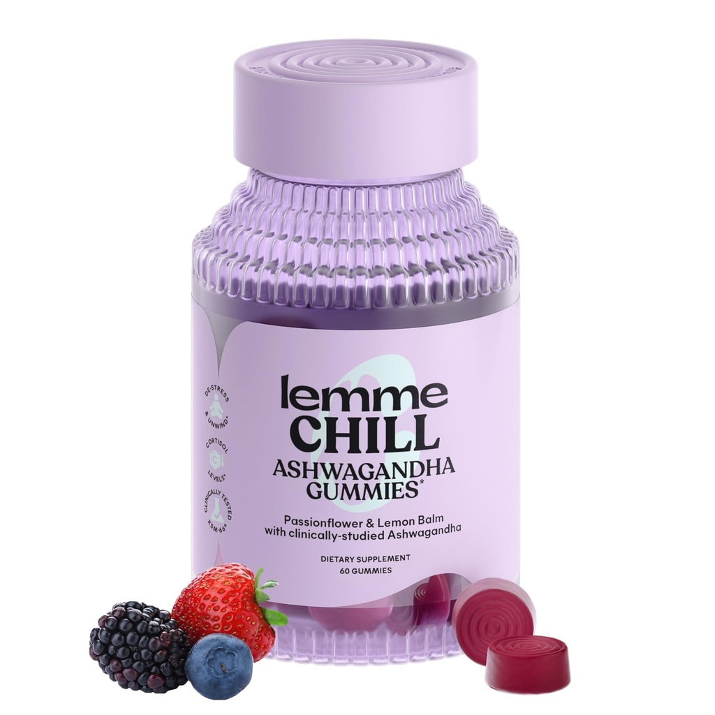 Lemme Chill Stress Relief Gummies med 300mg KSM-66 Ashwagandha, Lemon Balm, Passionflower & Goji för att stödja avkoppling, hälsosam Cortisol & Sleep - Gluten-Free, Non-GMO, Mixed Berry (60 Count)