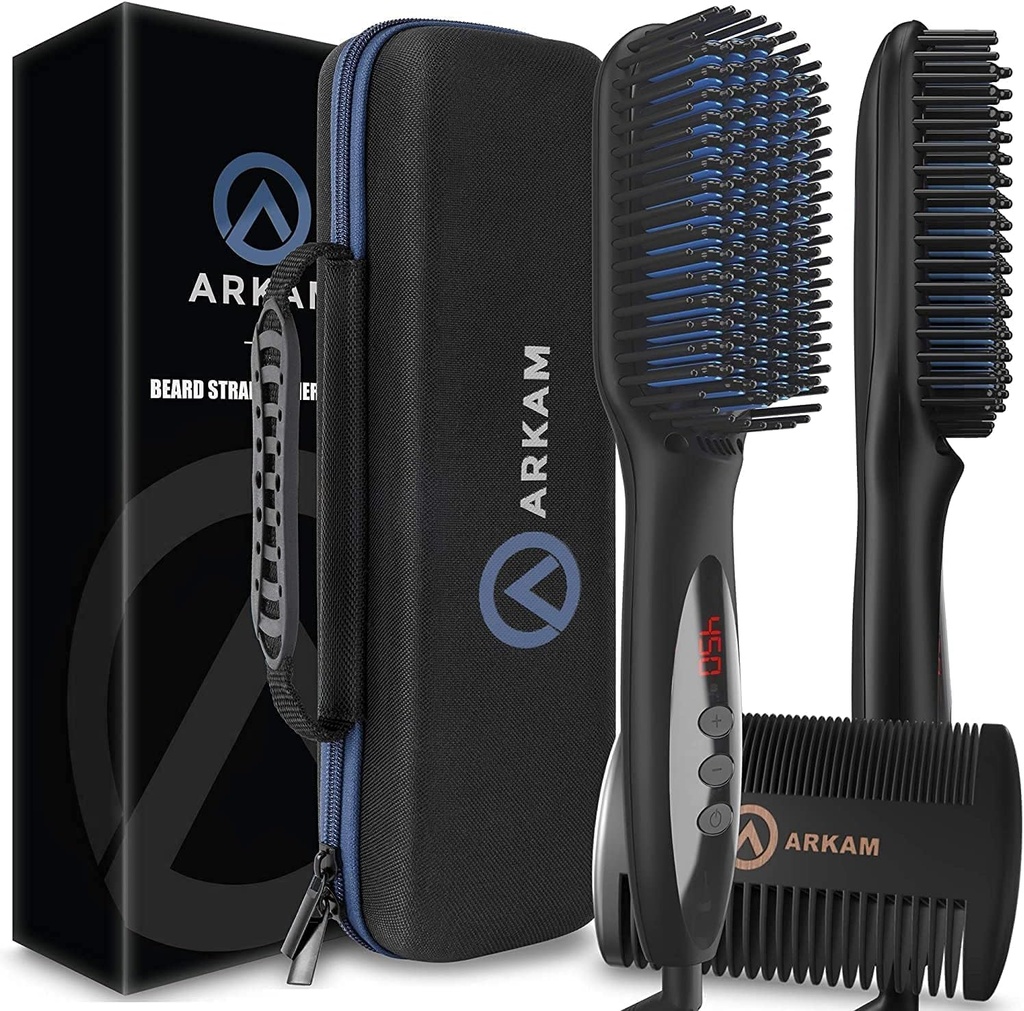 Arkam Beard Straightener för män - Premium Heated Beard Brush Kit w / Anti-Scald Feature, Dual Action Hair Comb och Hard Shell Travel Case för Medium till långa skägg - Kostym och Grooming presenter för män