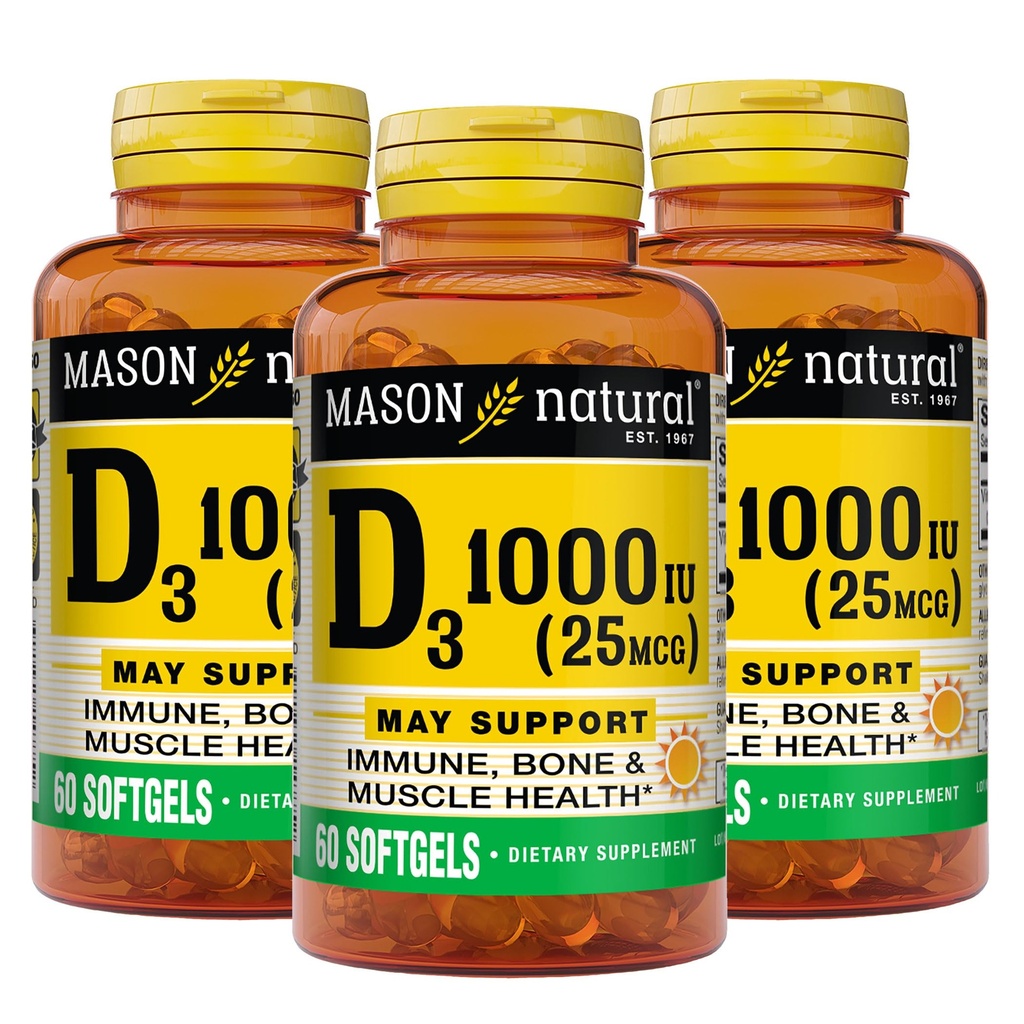 MASON NATURAL D3 25 mikrog (1000 IU), Bone & Immuno Support, Fish Liver Oil, 60 Softgels (Pack of 3)