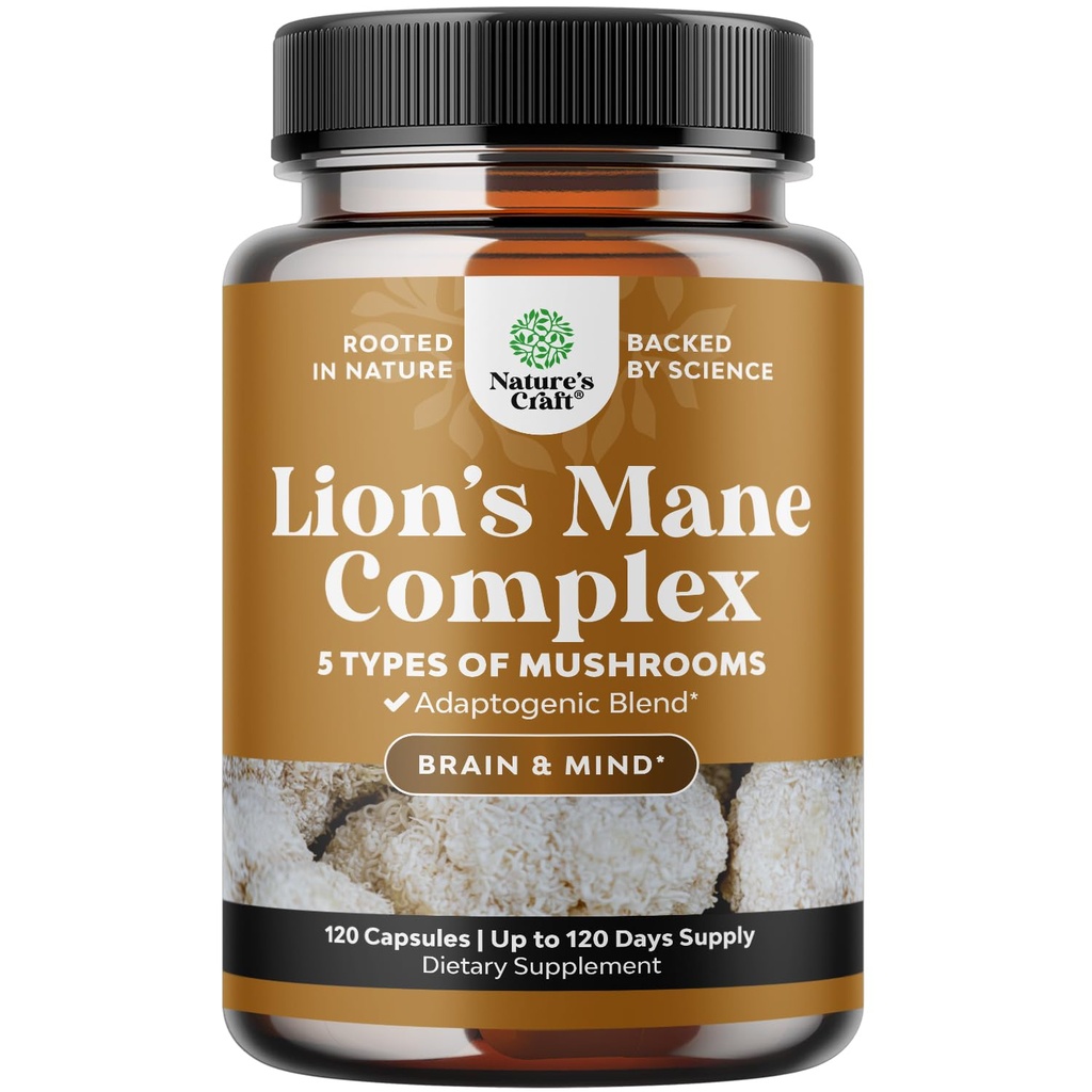 Avancerad Lion's Mane Mushroom Supplement - Lions Mane Supplement Capsules med Reishi, Chaga, Maitake & Shiitake för hjärnhälso Memory Support & Focus - Nootropic för Mental Clarity - 120 Caps