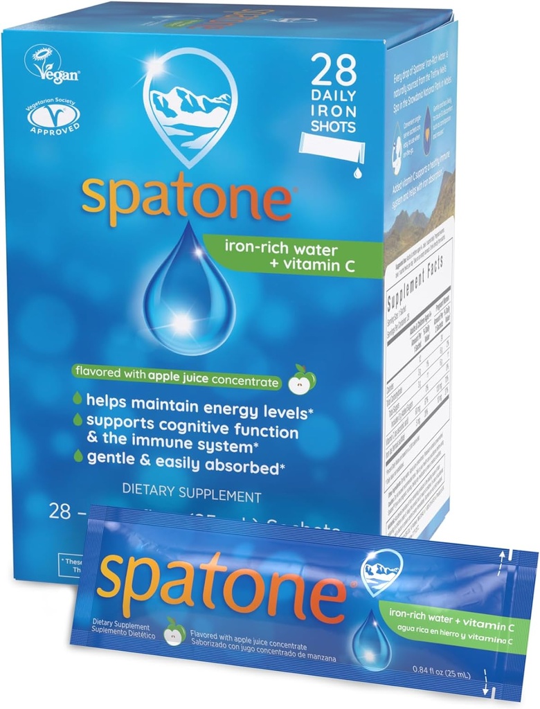 Spatone Natural Liquid Iron Supplement Plus VIT C naisille - miehet & lapset Ikä 4+ - Ihanteellinen raskauden aikana - Helposti absorbed & Gentle - Vegan - Apple Flavor - 28-päivä - 5 mg rautaa per 20ml