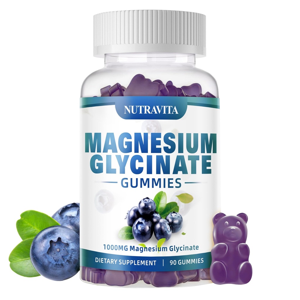 Magnesium Glycinate Gummies 1000 mg magnesium L-treonaatti, kuorittu magnesium Kalium Complex täydentää VitD, B6, CoQ10, kalsium, tuet muisti, rauhallinen, Mieliala - 90 Gummies Mustikka