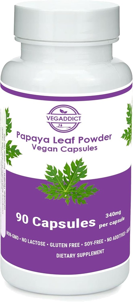 Papaya Leaf Powder | 340mg Capsules | etycally sourced | Platelet Support | Gluten & Lactose Free | Soy-Free | Inga tillsatser | Icke-GMO | Vegan | Nutritional Supplement | Dietary Supplement (90X)