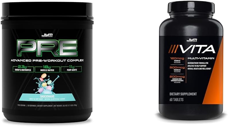 PRE JYM X - Shockwave Pre Treenout Powder & Vita JYM Sports Multivitamiini urheilijoille 60 tablettia