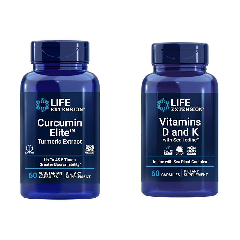 Life Extension Curcumin Elite Turmeric Extract, främjar ett hälsosamt inflammatoriskt svar och vitamin D och K med Sea-Iodine, Vitamin D3, Vitamin K1 och K2